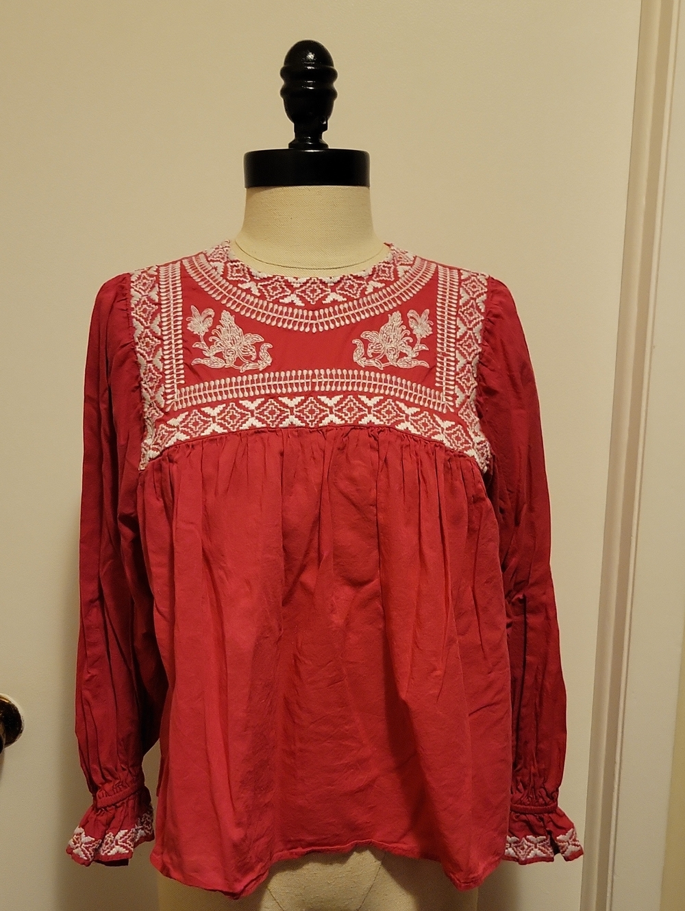 Zara Pink Embroidered Peasant Long Sleeve Blouse